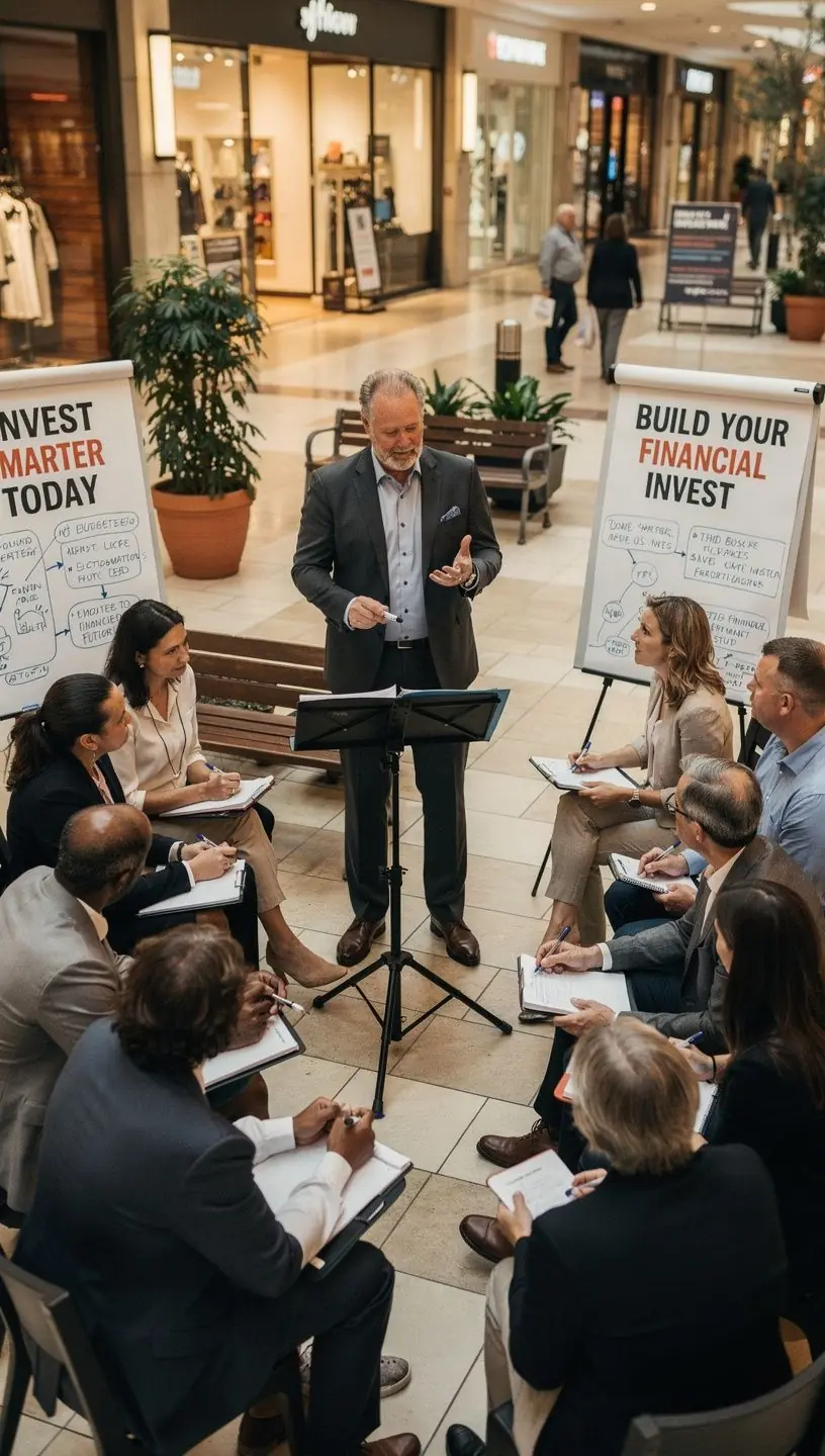 Bevásárlóközponti stand, ahol látogatók személyes pénzügyi eszközöket vásárolnak.