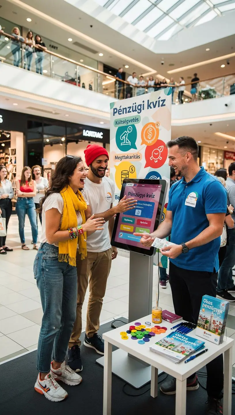Interaktív oktatási stand, ahol pénzügyi alapismereteket mutatnak be látogatóknak.