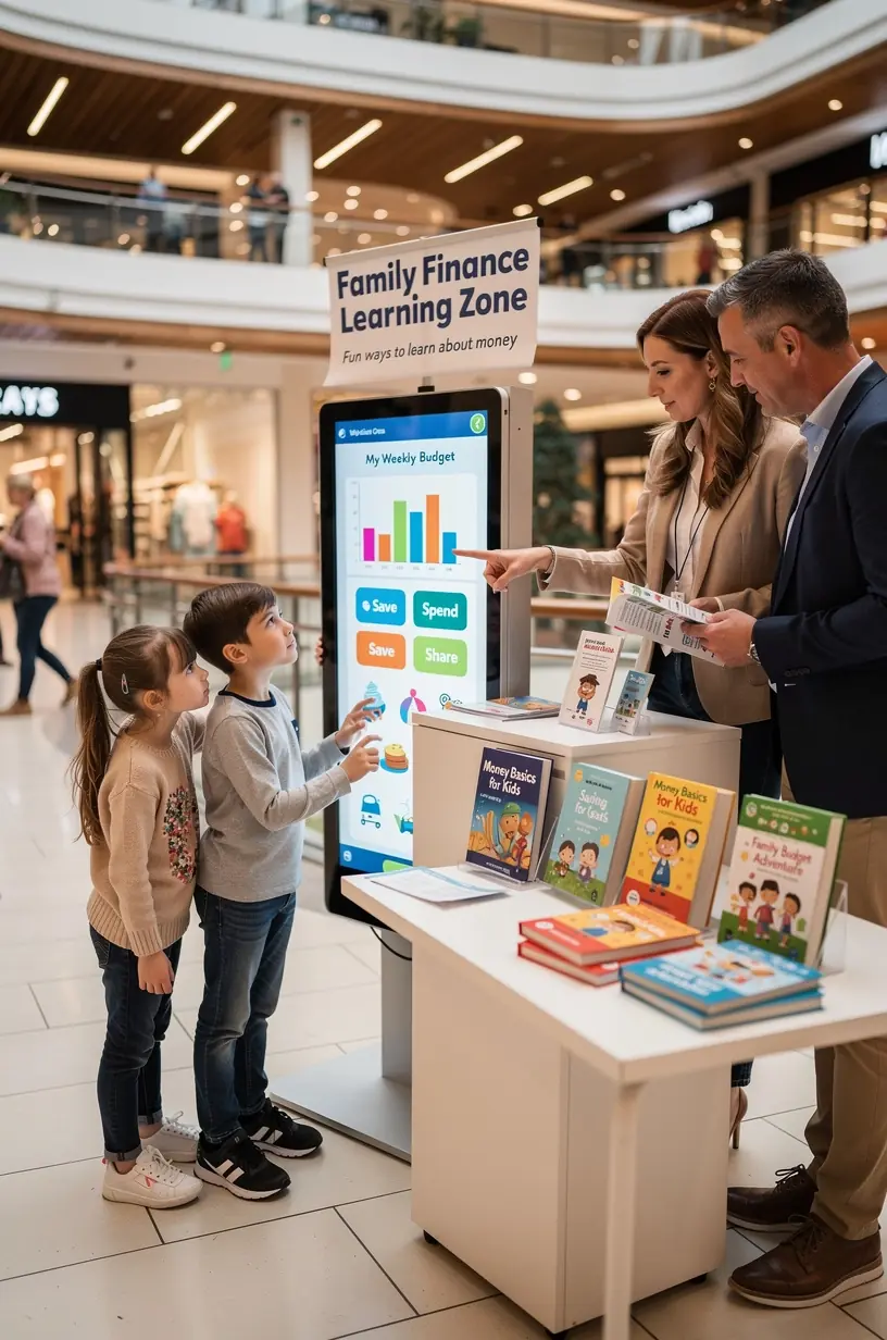 Személyes pénzügyi tanácsadás stand egy bevásárlóközpontban, könyvekkel és eszközökkel felszerelve.