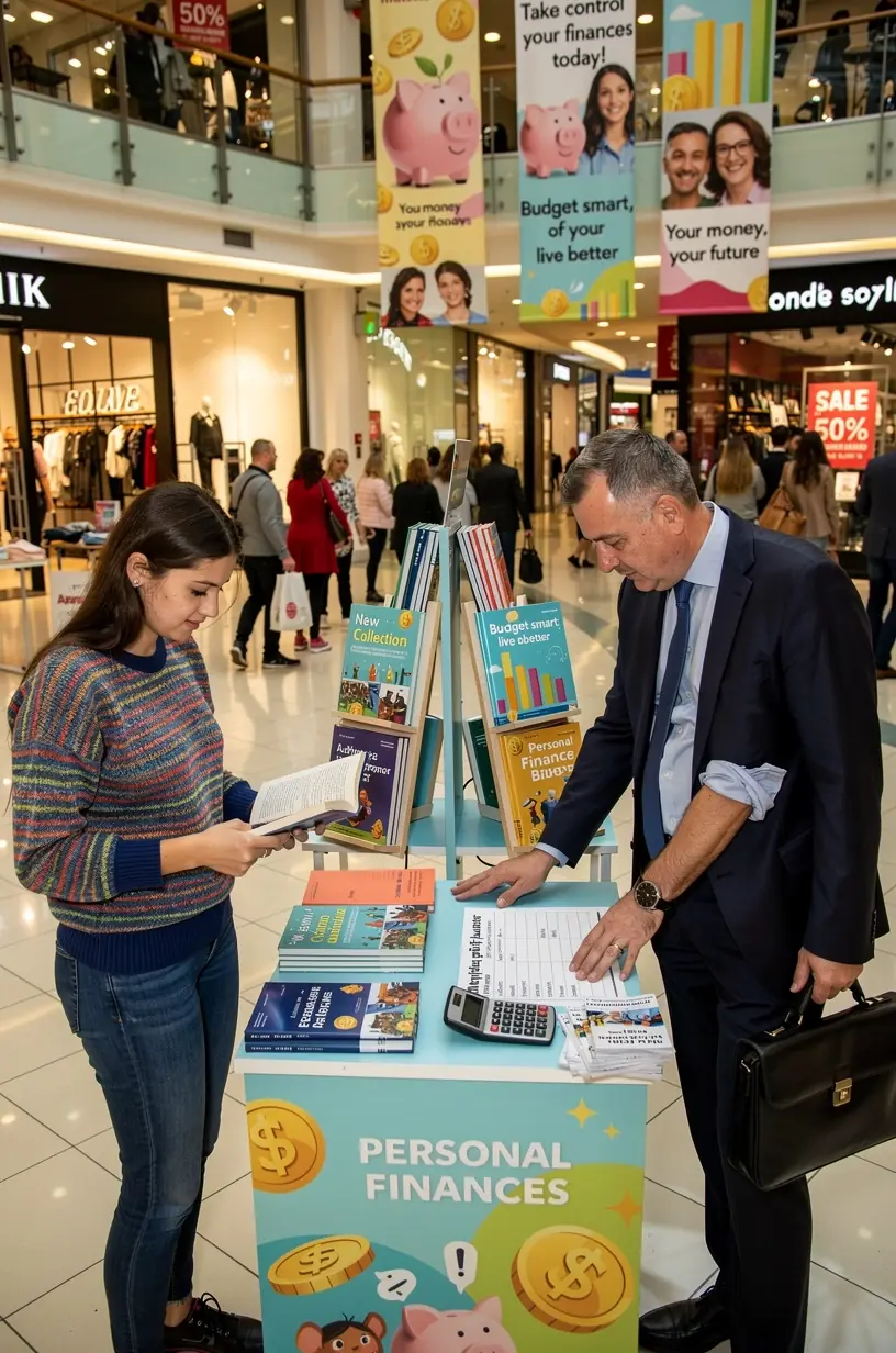 Könyvek és oktatóanyagok személyes pénzügyek alapjairól egy pop-up standon.