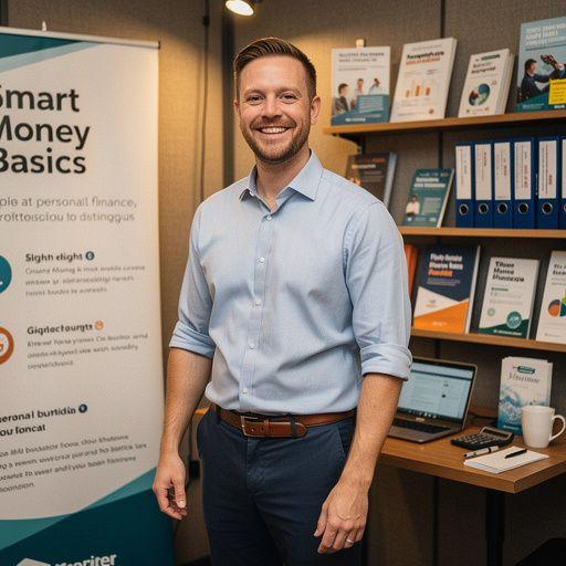 Személyes pénzügyi tanácsadás stand a bevásárlóközpontban, könyvekkel és oktató eszközökkel.