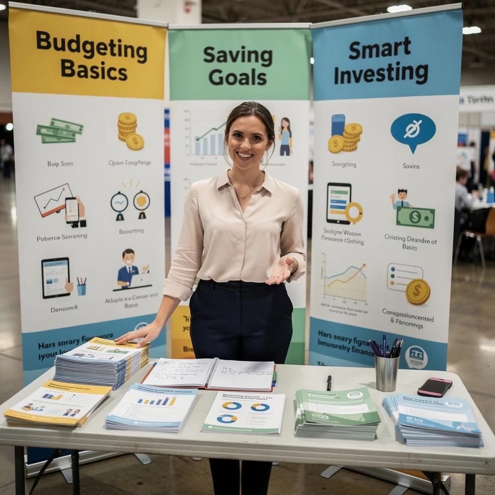 Olvasó figyelmesen tanulmányoz egy pénzügyi alapokat bemutató könyvet a pop-up oktatóstandnál.