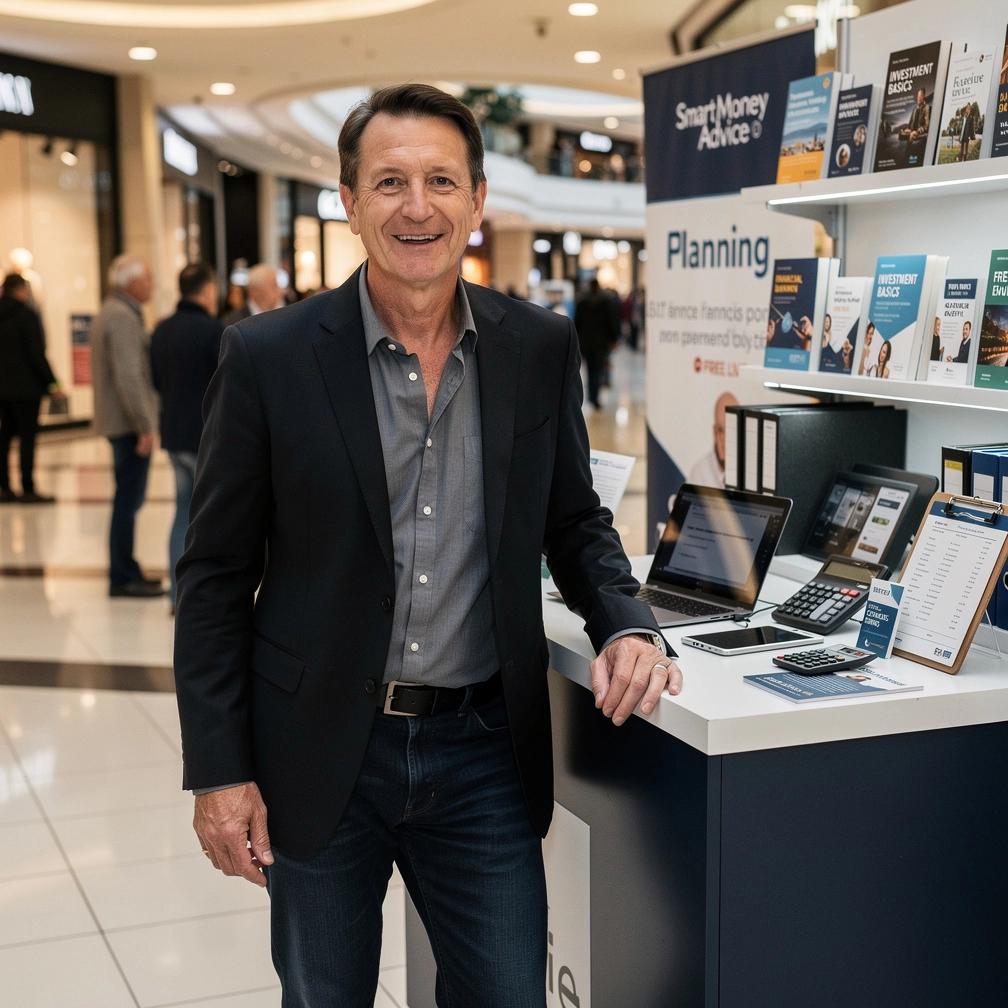 Szakértő élő konzultációt tart személyes pénzügyi témákban egy modern bevásárlóközpontban.