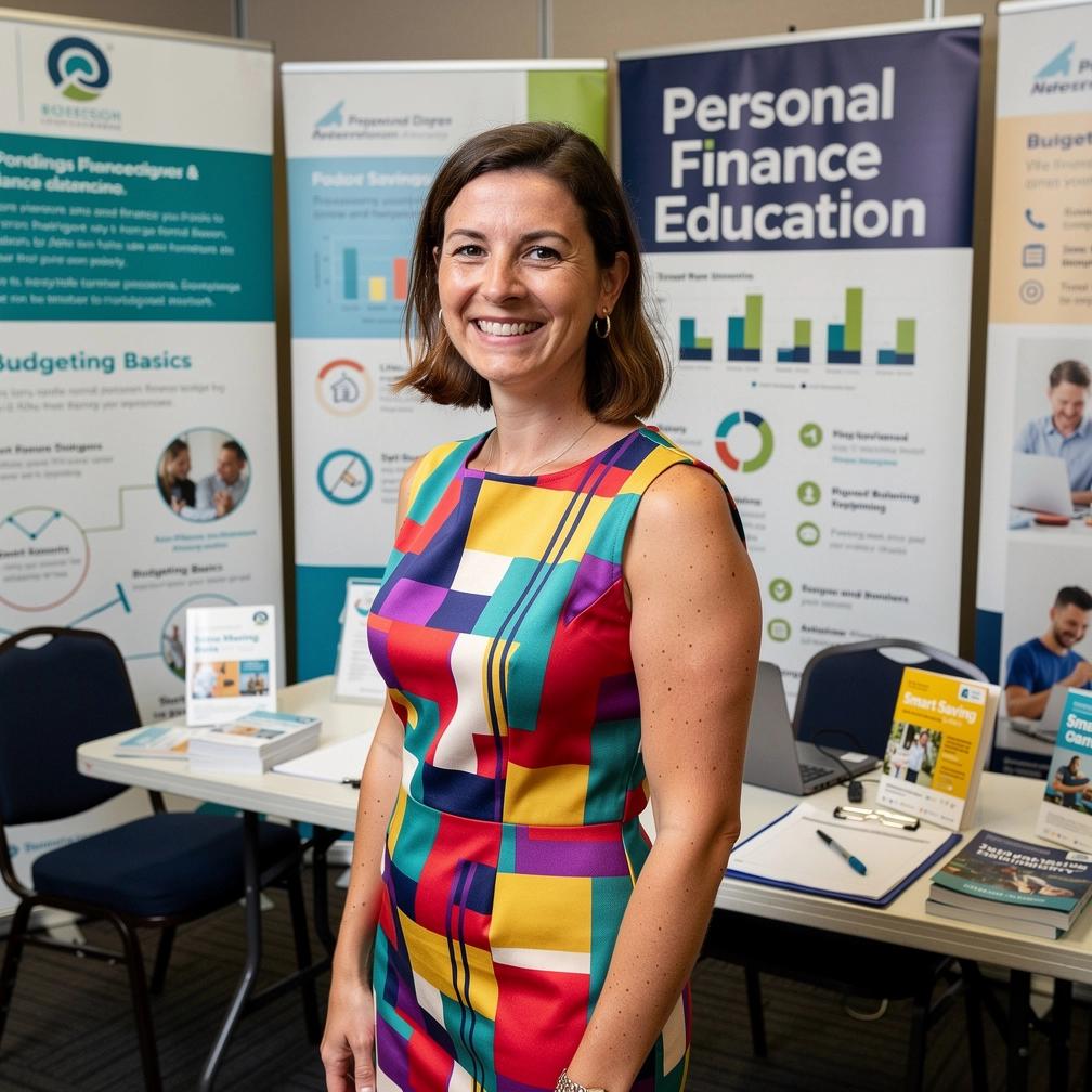 Pénzügyi tervezési eszközök és segédanyagok kiállítása egy oktató standon a közönség számára.