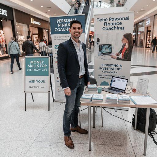 Látogatók érdeklődve hallgatnak egy pénzügyi alapokat bemutató élő előadást a nyilvános térben.